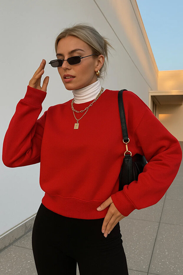 Kadın Basic Oversize Kışlık Bordo Sweatshirt - 5