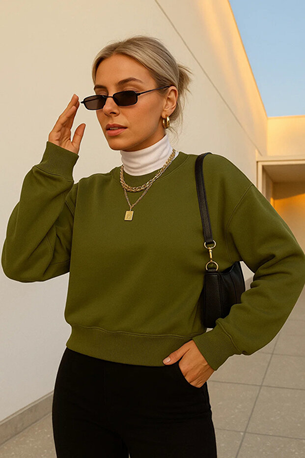 Kadın Basic Oversize Kışlık Haki Sweatshirt - 3