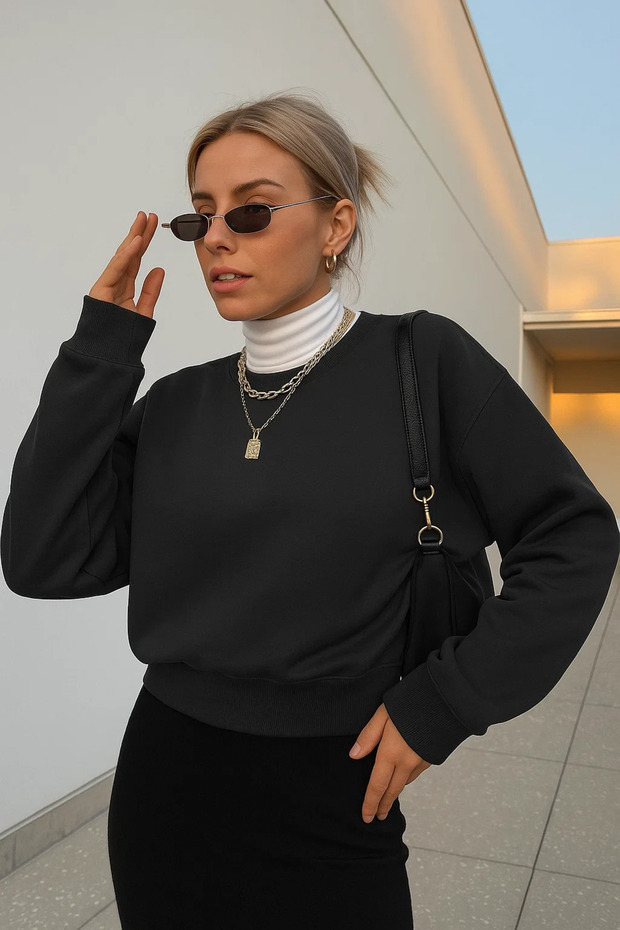 Kadın Basic Oversize Kışlık Siyah Sweatshirt - 3