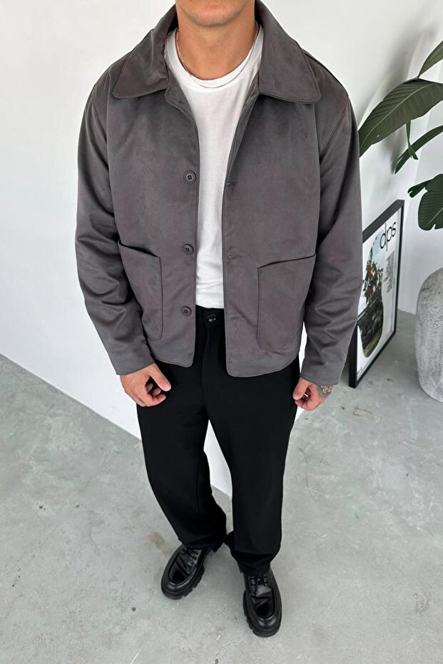 Gray Suede Fabric Relaxed Jacket with Button Detail
