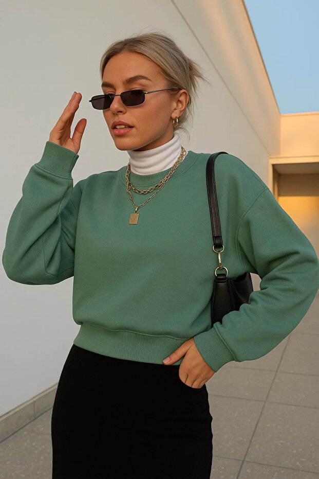 Kadın Basic Oversize Kışlık Yeşil Sweatshirt - 3