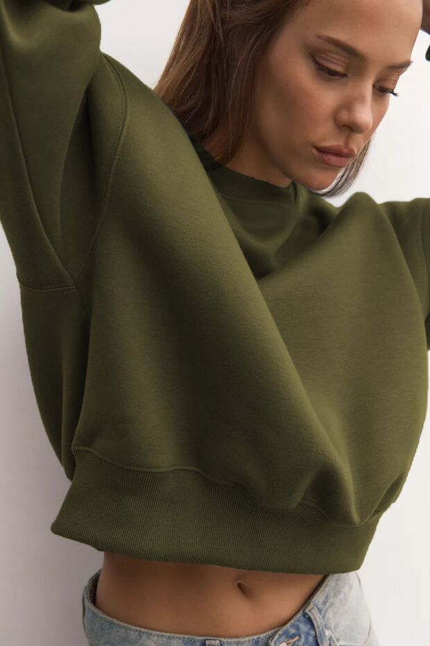 Kadın Basic Oversize Kışlık Haki Sweatshirt - 6