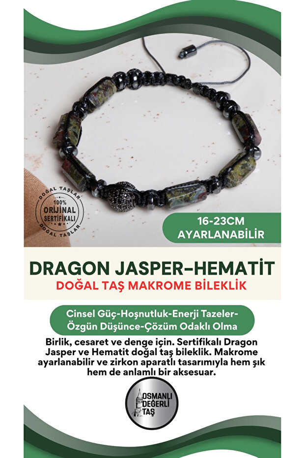 Certified Green Dragon Jasper-Hematite Natural Stone Macrame Adjustable Bracelet with Zircon Apparatus