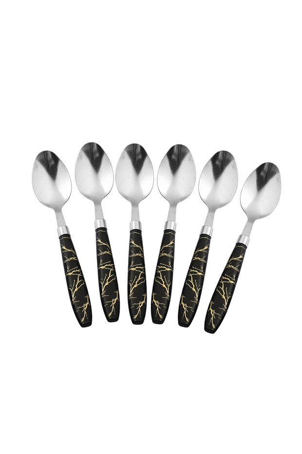 Stainless Steel Table Spoon 6PCS – Marble Style Black PP Handle, Durable Kitchen Cutlery,BB3227