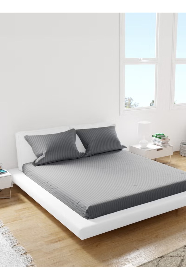 Queen Size Striped Fitted Elastic Bedsheet with 2 Pillow Cases 180 x 200 Cm (Grey)