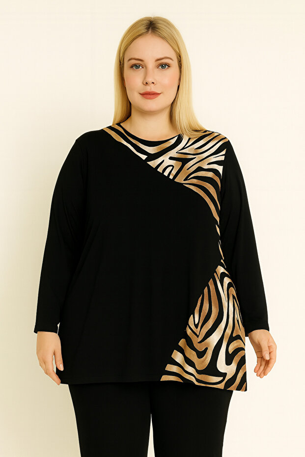 Women's Plus Size Black Cross Coffee Zebra Print Uzunkol Blouse
