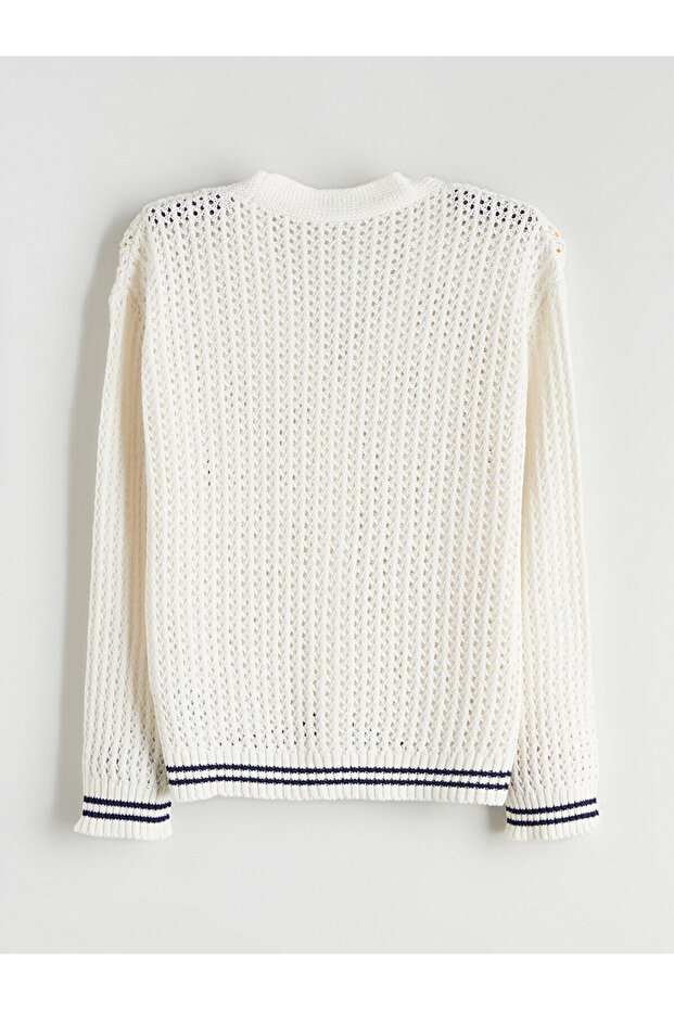 Ekru V Yaka Ajurlu Kız Çocuk Triko Hırka - 3