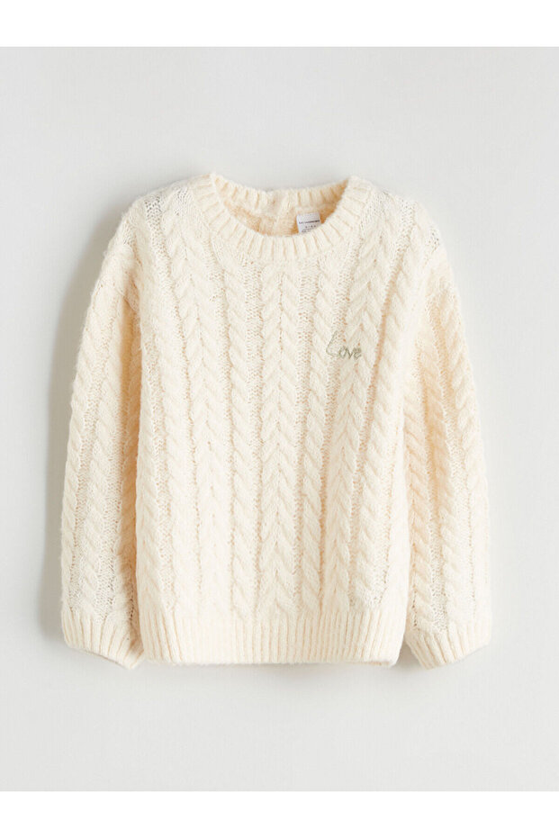 Ekru Bisiklet Yaka Uzun Kollu Kız Çocuk Kazak - 1