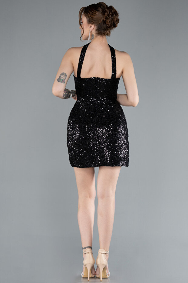 Siyah Straplez Mini Pul Payet Gece Elbisesi ABK2201 - 2