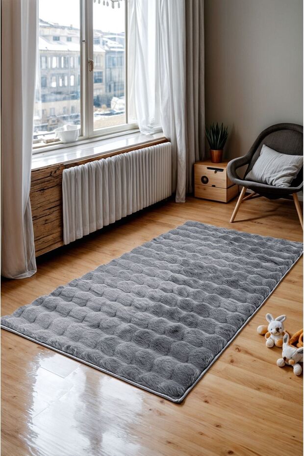 Maya Tavşan Tüyü Peluş Bubble Halı | Kaymaz Tabanlı Makinede Yıkanabilir Yumuşak Halı |Anrasit|MYA01 - 1