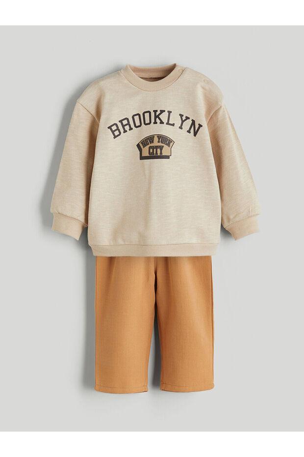 Bej Bisiklet Yaka Erkek Bebek Sweatshirt ve Eşofman Alt 2'li - 1