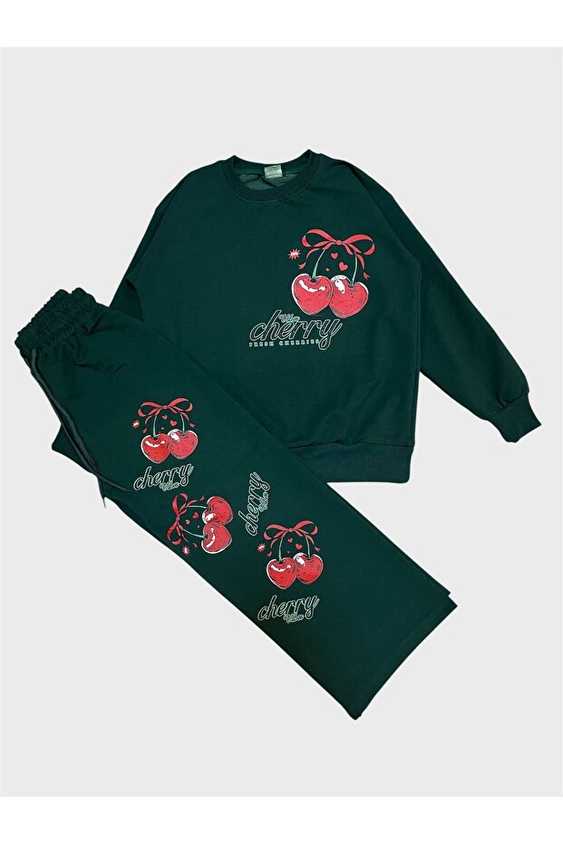 Girl's Cotton Green Cherry Patterned Long Sleeve Wide Leg Tracksuit Set
