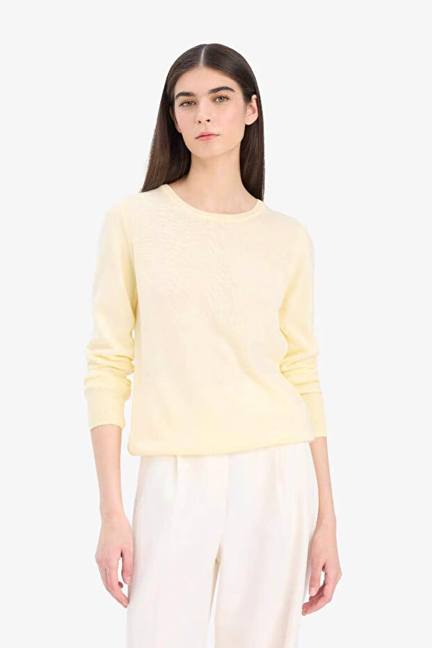 Regular Fit Bisiklet Yaka Triko Sarı Kadın Kazak F7091AZ/YL464 - 4