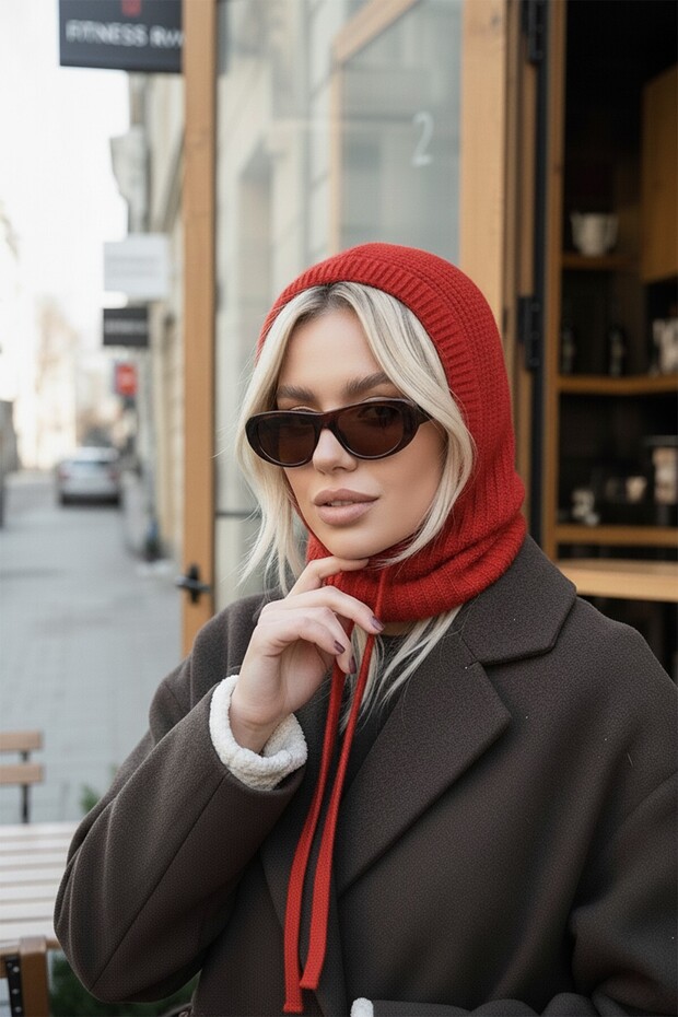 Kırmızı Triko Örgü Balaclava Bere Şapka - 1