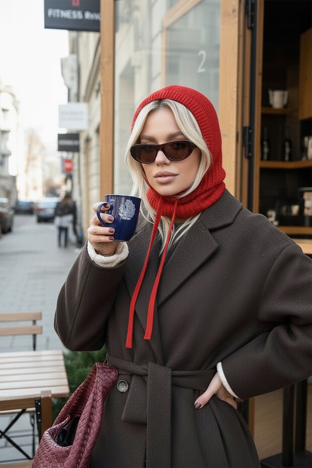 Kırmızı Triko Örgü Balaclava Bere Şapka - 2