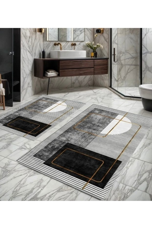 Water-Absorbent Non-Slip Bath Mat Set of 2 with Sponge Filling, Soft-Textured Decorative Set
