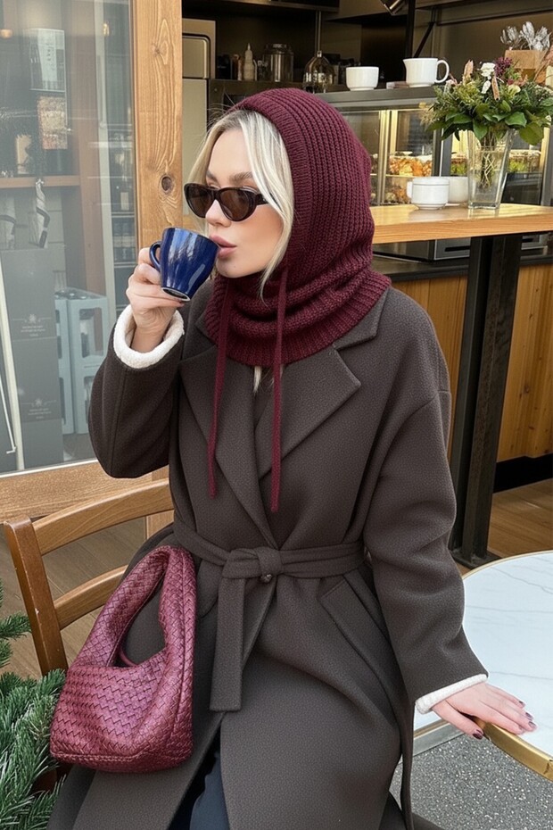 Cherry Triko Örgü Balaclava Bere Şapka - 2