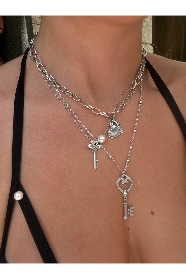 Gümüş Renk Charm Üçlü Zincir Kolye Set - 1