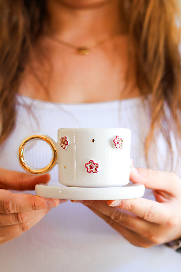 Flora Pink Floral Patterned Turkish Coffee Cup and Saucer with 24K Gold Detail