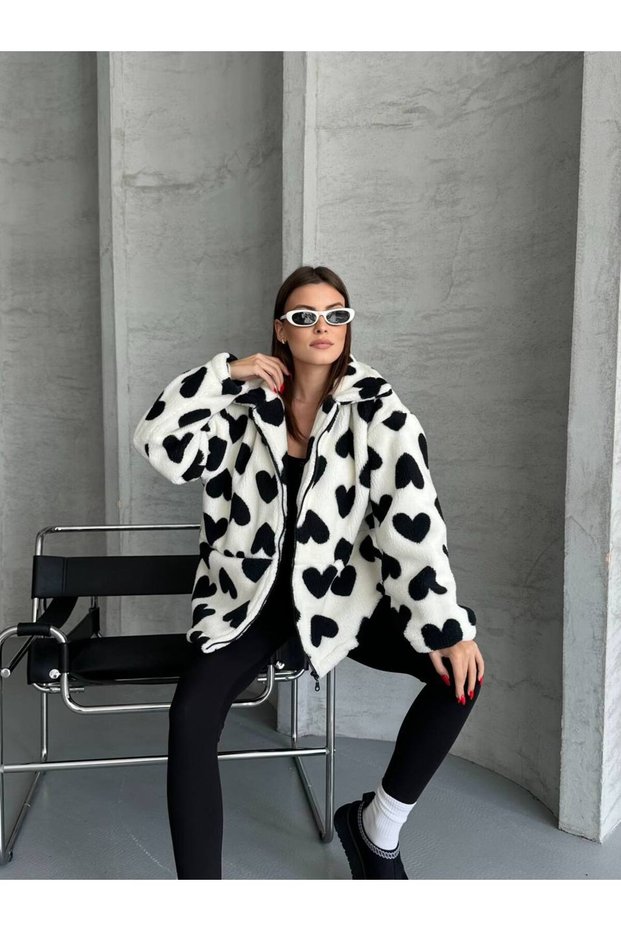 Women's Heart Patterned Fleece Coat