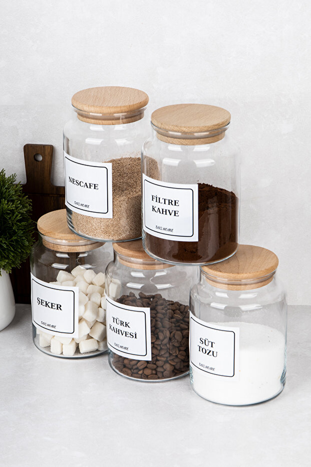 5'li Kahve Seti Vakum Kapaklı Etiket Hediyeli Saklama Kavanozu Kahve Köşesi Saklama Kabı 800 ml - 6
