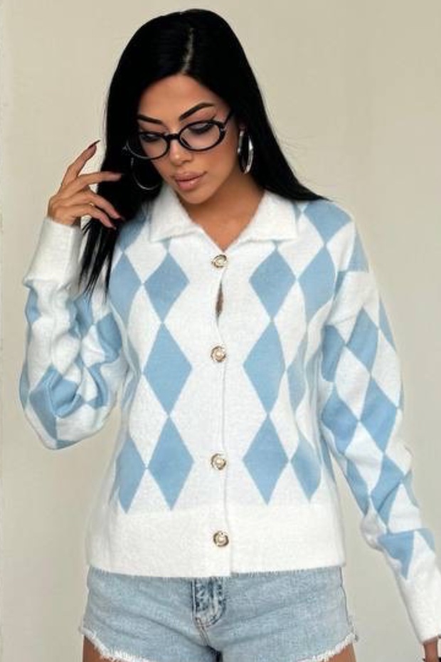 Women's Colorful Diamond Patterned White Knit Cardigan with Gold Pearl Detail and Buttons