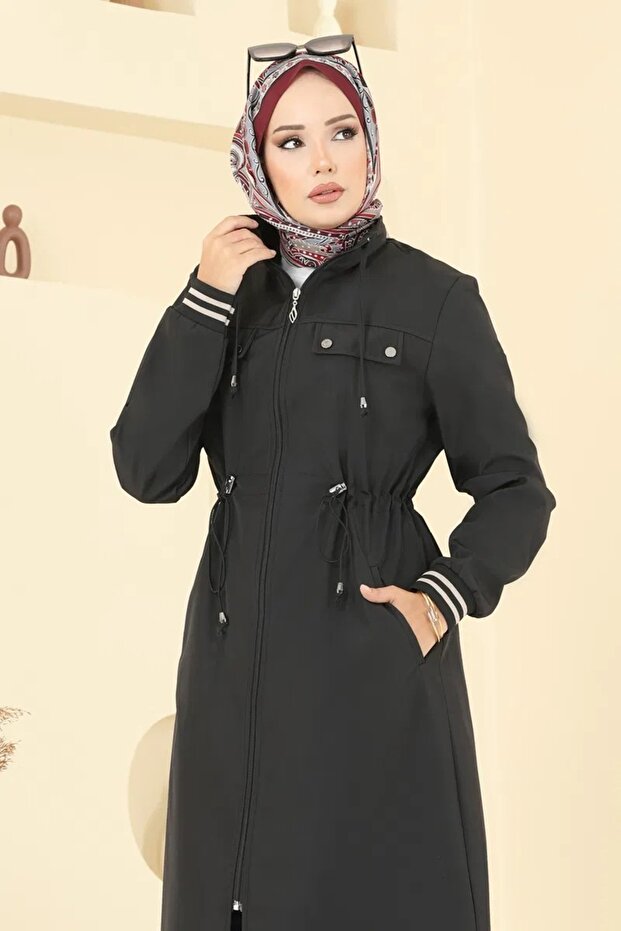 Kolu Lastikli Uzun Büyük Beden Trençkot - 4