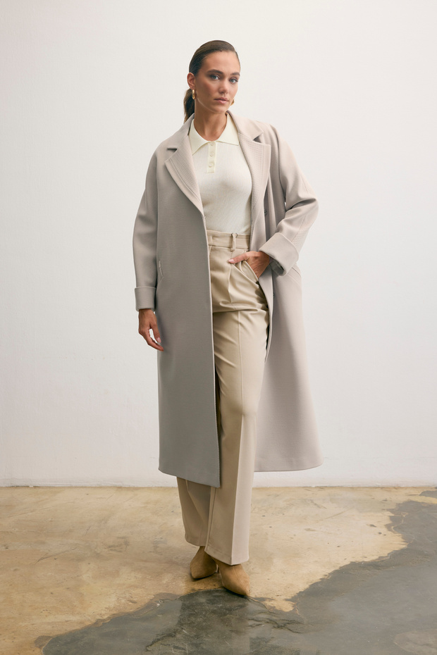 Belted Double-Breasted Long Stone-Colored Coat - 7