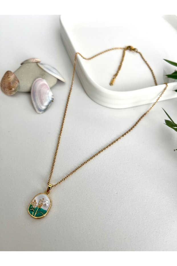 Stainless Tarnish Free 316L Steel Pearl Vintage Painting Gold Chain Necklace