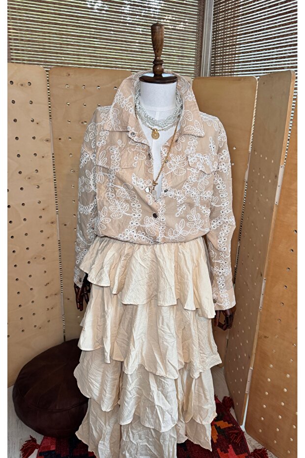 Women's Beige Linen Brocade Embroidered Bohemian Thin Jacket, Elegant Ethnic Shirt Coat