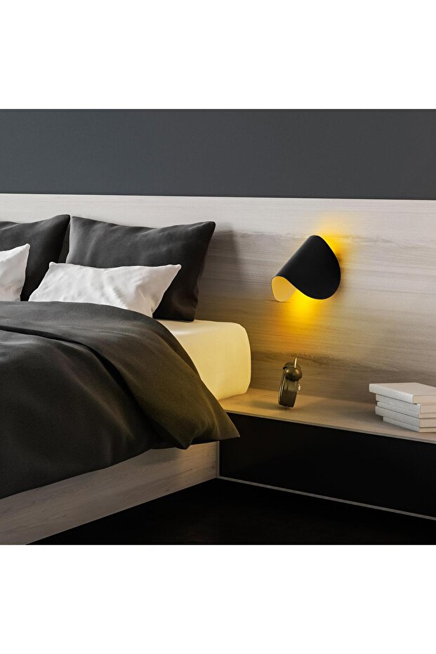 Modern Led'li Aplik Pütürlü Siyah Ambiyans Tekli Duvar Led Aydınlatma, 3000K Sarı Işık HEYBE-13623 - 1