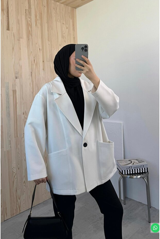 Oversize Beyaz Blazer Ceket - 3