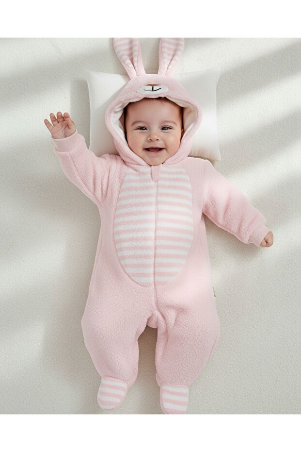 6-9 Months Hooded Rabbit-Themed Zippered Welsoft Winter Thick Jumpsuit with Ear Detail
