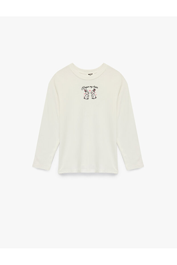 Long Sleeve Crew Neck Rabbit Embroidered Cotton T-Shirt