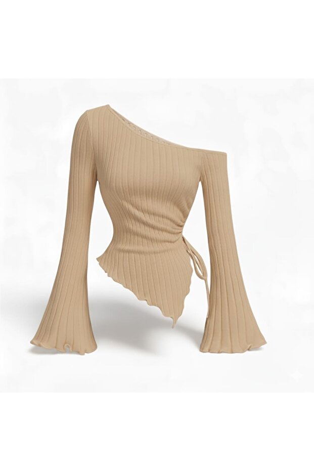Women's Beige Thick Ribbed Asymmetrical Neck Side Gathered Blouse