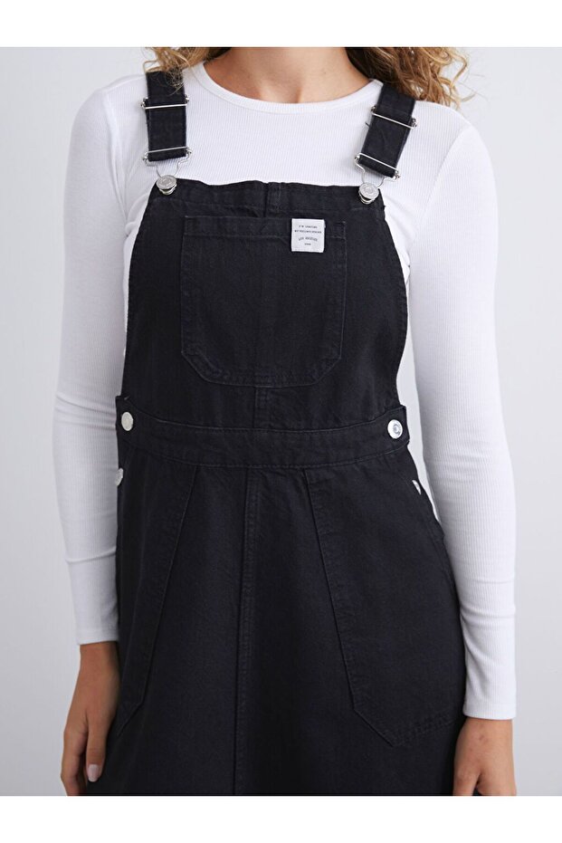 LCW Modest Kare Yaka Jean Salopet Elbise - 4