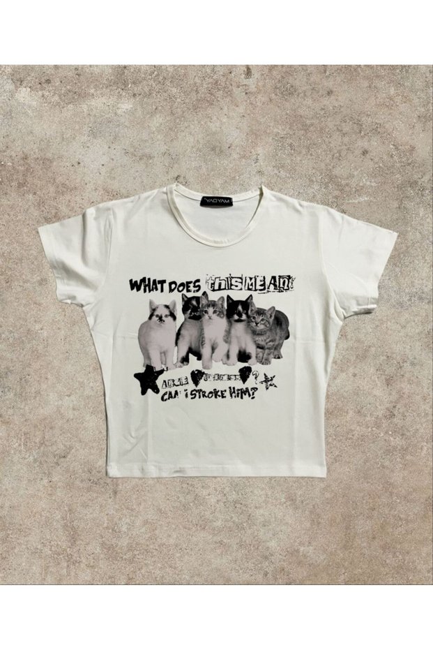 White Y2K Pinterest Baby Tee Crop Top with Cat Sitting on It in Molded Lycra Stretch Fabric
