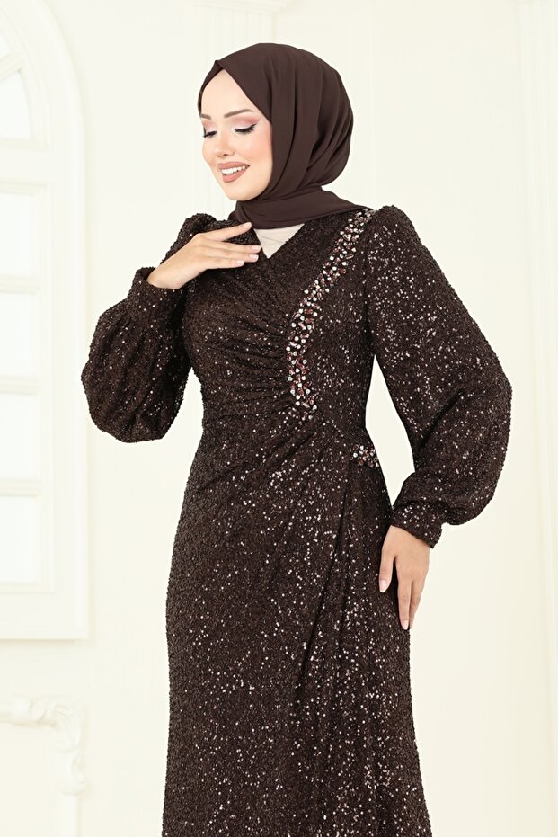 SUAL Önü Drape Detaylı Abiye 5238D170-MS Kahve - 5
