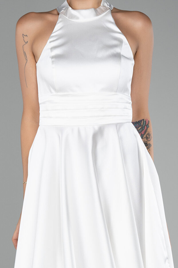 Ekru Halter Yaka Kısa Saten Davet Elbisesi ABK2112 - 3