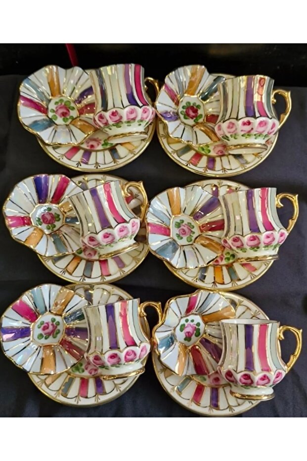 ESTERHOMEDECOR 6-Piece porcelain hand-painted coffee cup set and 6-piece Turkish delight bowl