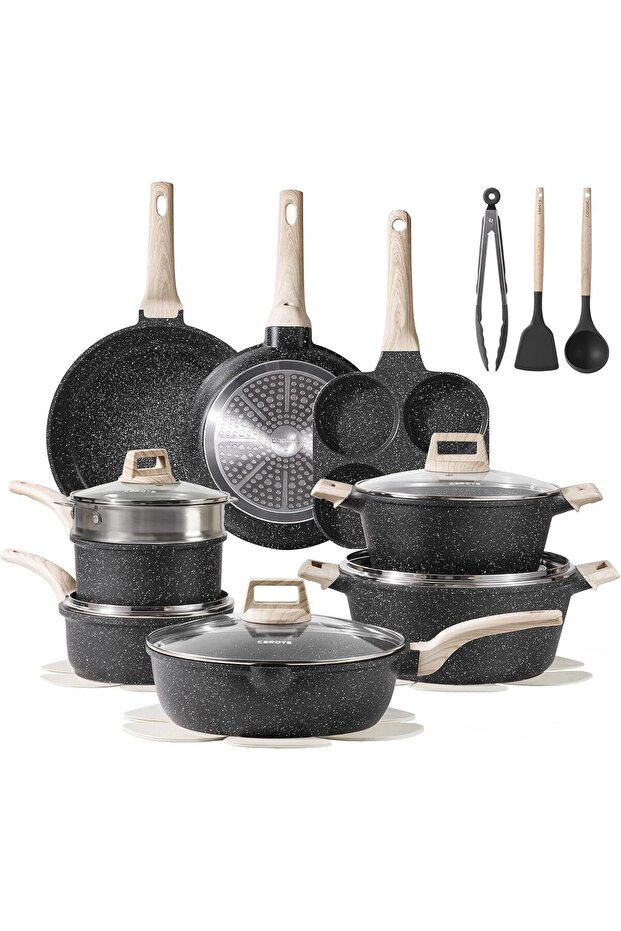 21pcs Cookware Set, Pots and Pans Set Nonstick, Black Granite Induction Cookware Kitchen Cook
