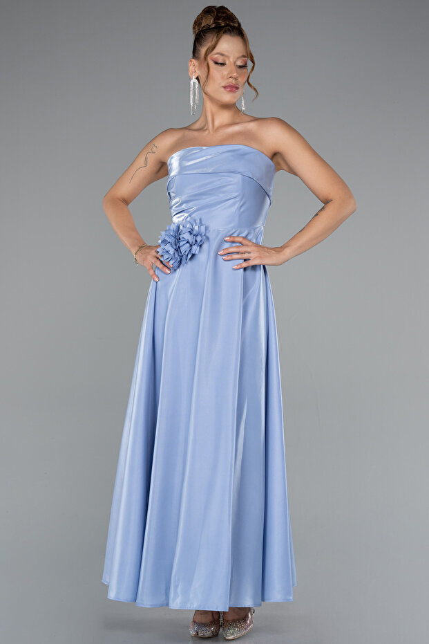 Buz Mavisi Straplez Midi Saten Davet Elbisesi ABK2363 - 1