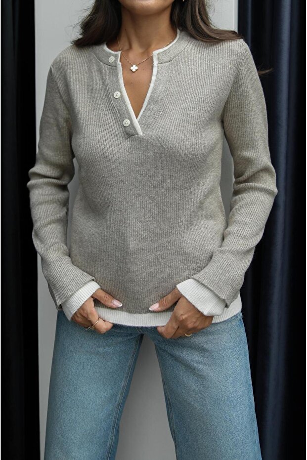 Vizon Çift Yakalı Düğmeli Kazak - 4