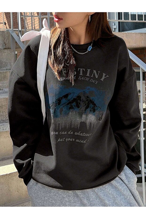 Destiny Enrich Sweatshirt - Black Printed Oversize Hooded Crew Neck