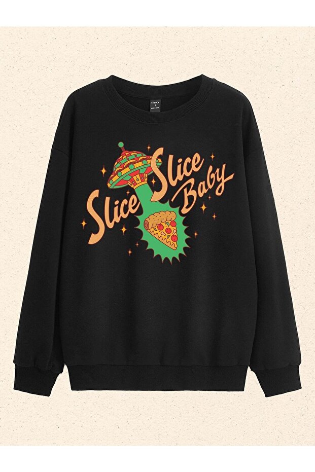 سويت شيرت برقبة دائرية مطبوع عليه Slice Slice كبير الحجم للجنسين