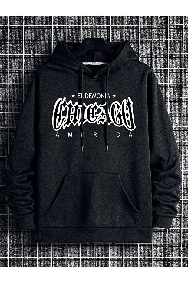 3 İplik Eudemonia Chicago Sweatshirt - Black Printed Oversize Hooded Sweatshirt