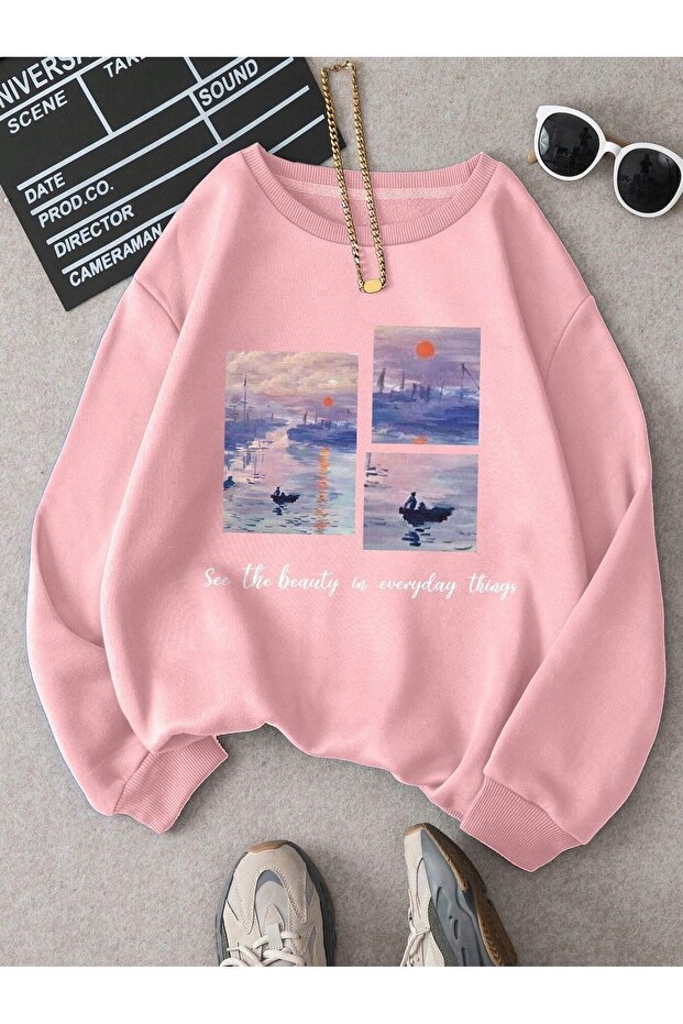 3 İplik Everyday Things Winter Thick Sweatshirt - Dusty Pink Printed Oversize Ruffled Crew Neck