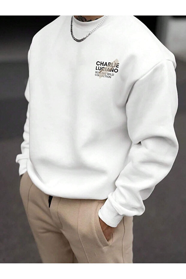 Charlie Luciano Design Winter Sweatshirt - White Printed Oversize Raised Crew Neck