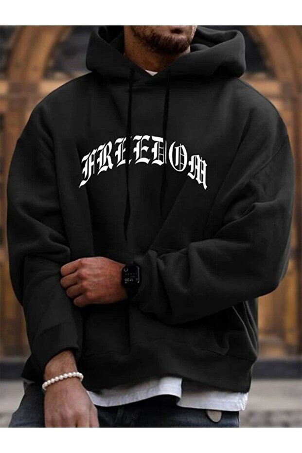 3 Thread Unisex Black Freedom Printed Oversize Hoodie