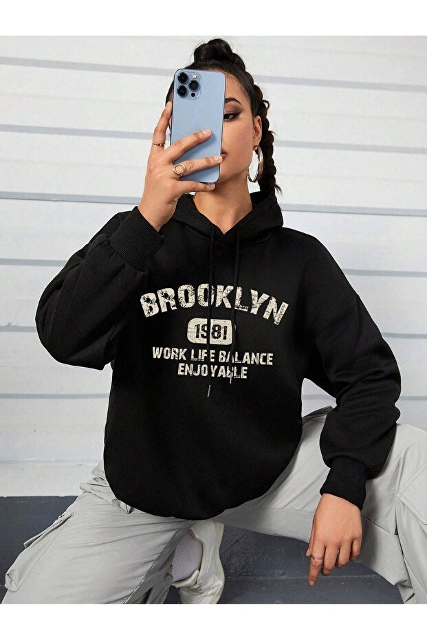 3 Thread Brooklyn 1981 Sweatshirt - Black Printed Oversize Hooded Sweatshirt